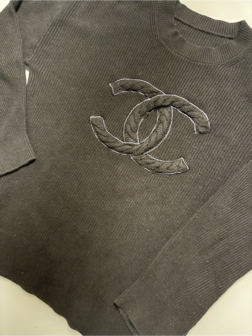 CHANEL Black Crewneck Sweater with Embroidered CC Logo - Picture 2 of 7